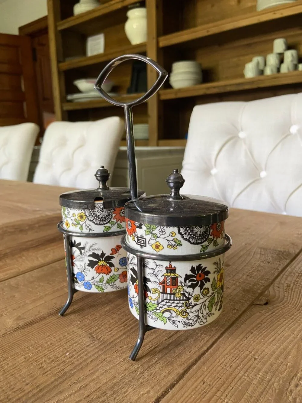 vintage porcelain condiment jar set, retro porcelain kitchen canister set